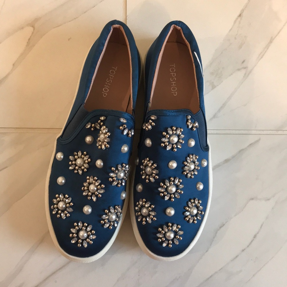 Topshop Blue Embellished Slip-On Sneakers